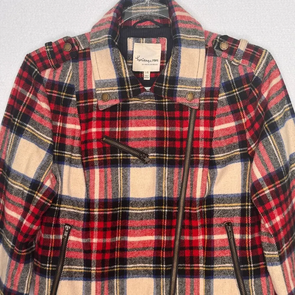 Heritage 1981 Wool Blend Plaid Moto Biker Jacket Belted Red Tartan Preppy Small